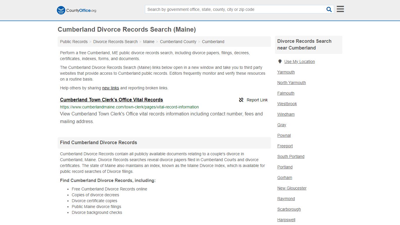 Cumberland Divorce Records Search (Maine) - County Office