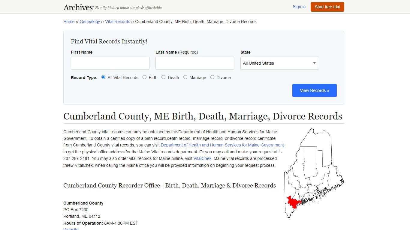 Cumberland County, ME Birth, Death, Marriage, Divorce Records